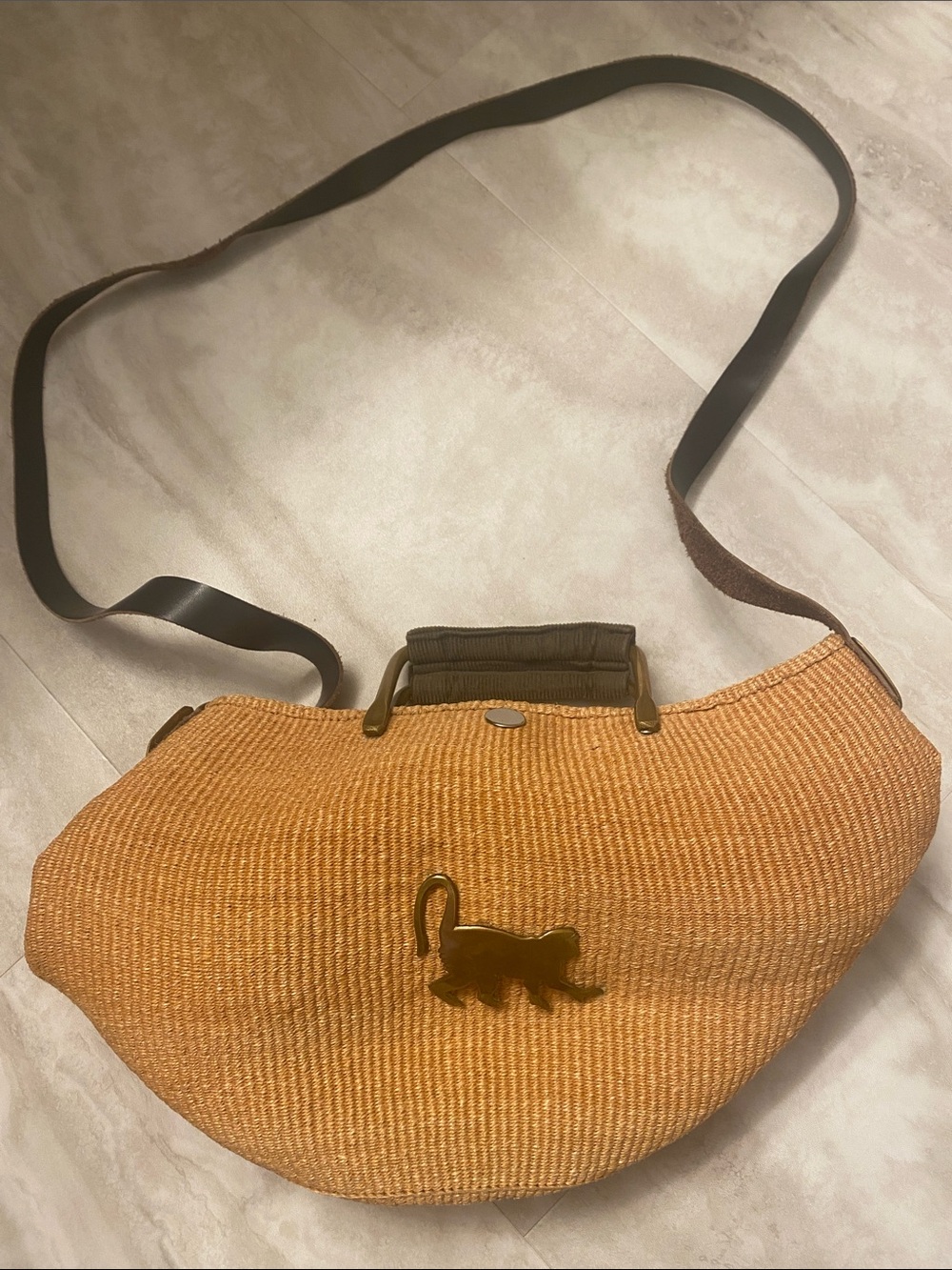 Vintage Brass Accent Woven Crossbody Bag & Monkey Moroccan Accents